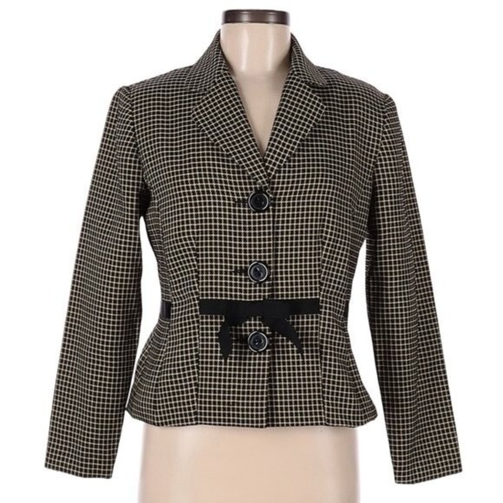 Vintage Sweet Suit Women's Size 8 Petite Blazer Black Tan Checkered Bow Front